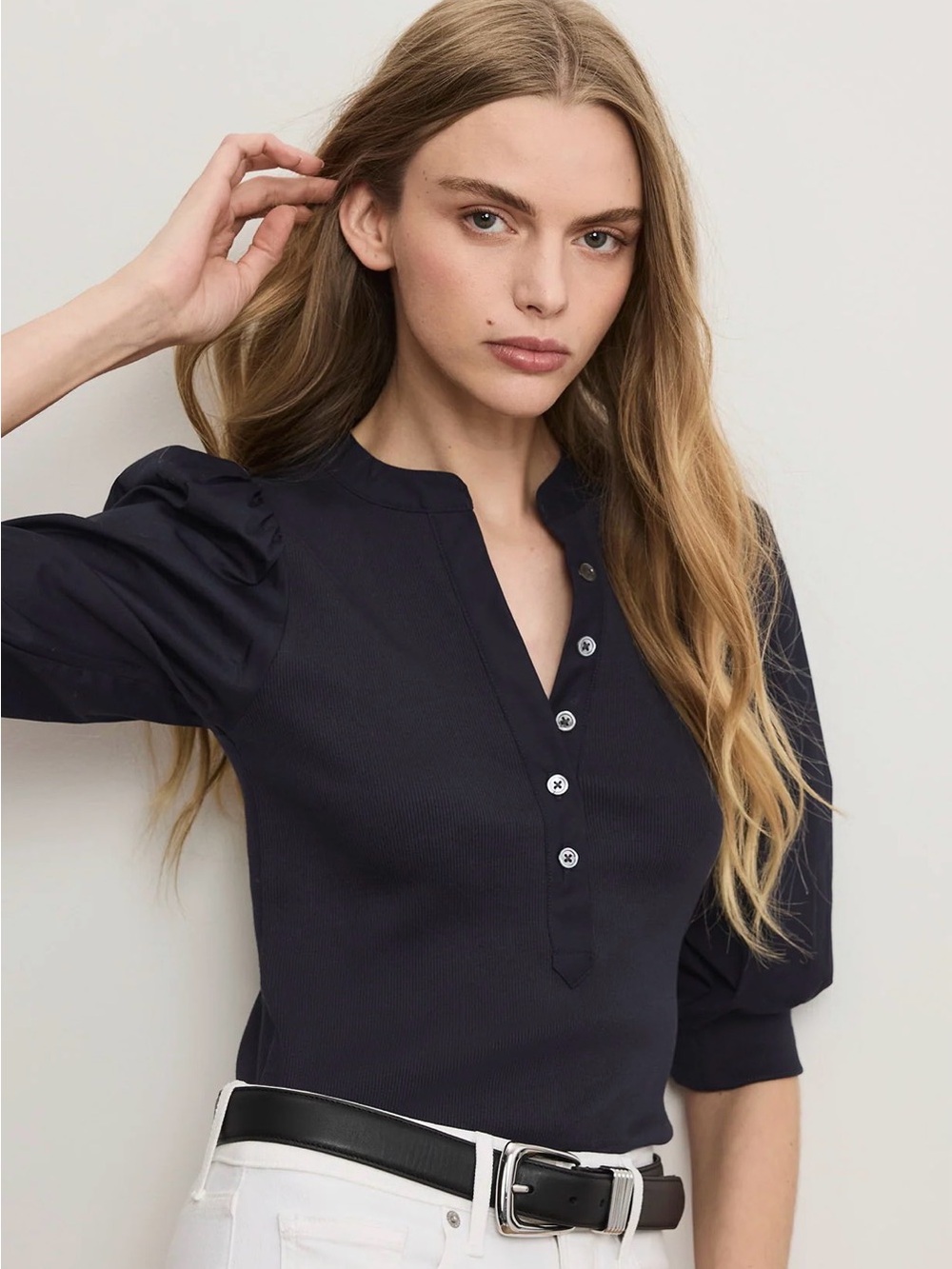 Veronica Beard Coralee puff sleeve Navy Button-Up Henley top NWT